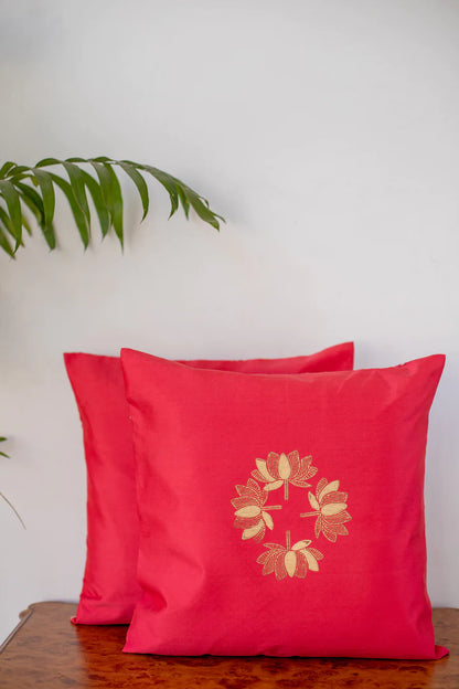 Red Lotus Cushion Covers Silk(set of two)